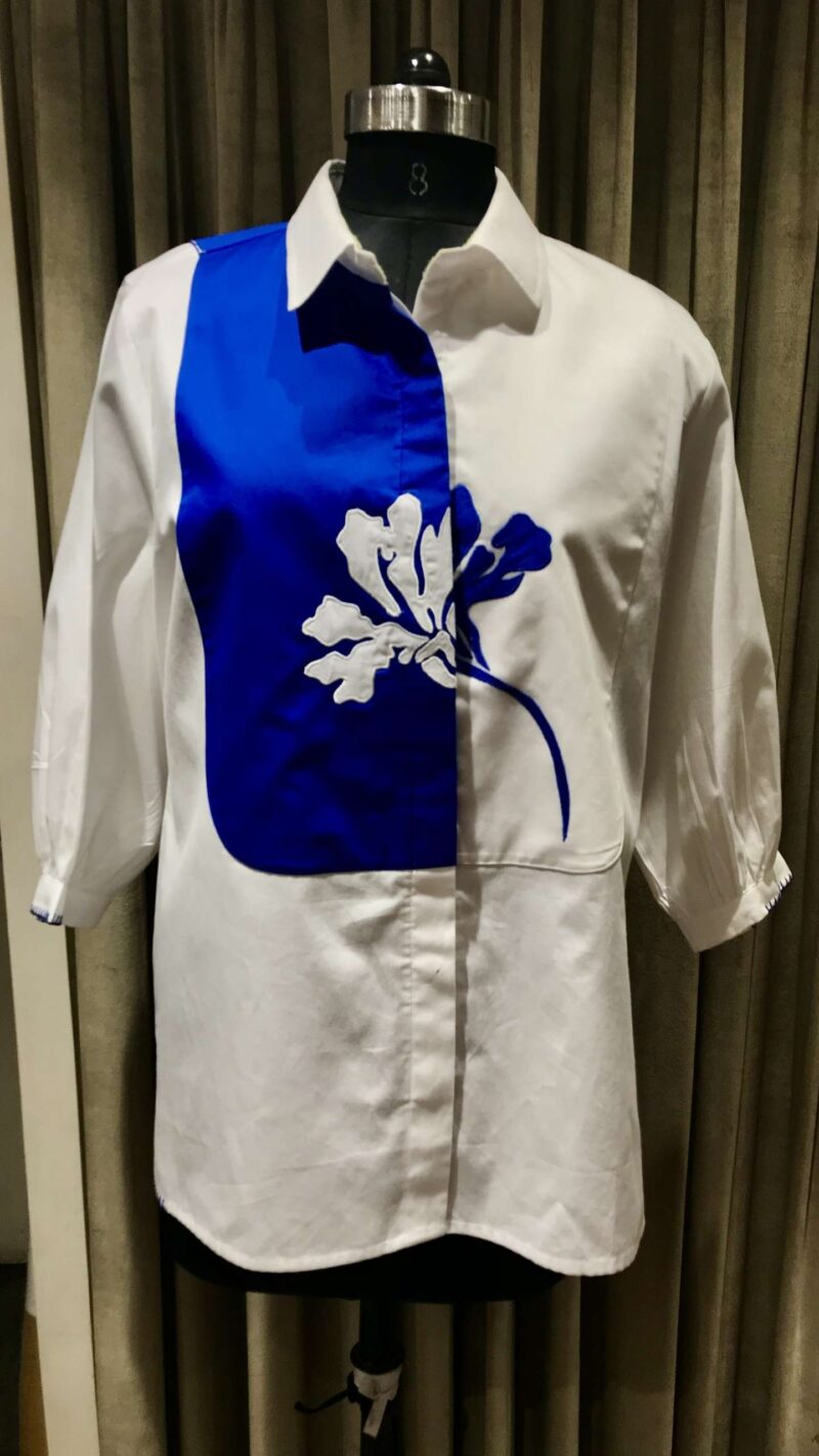 Blue flower appliqué shirt