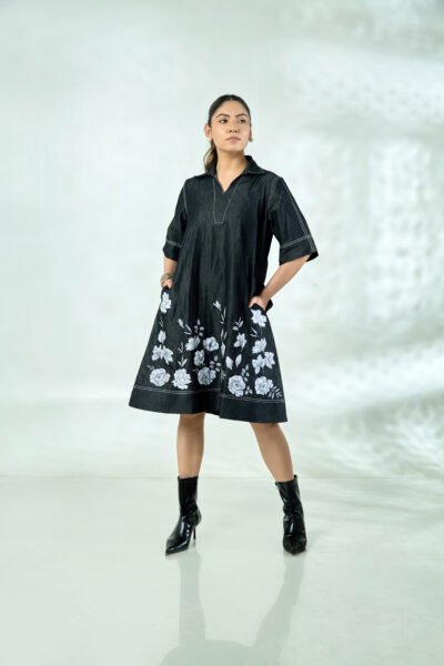 Linen Flower Appliqué Tent Dress