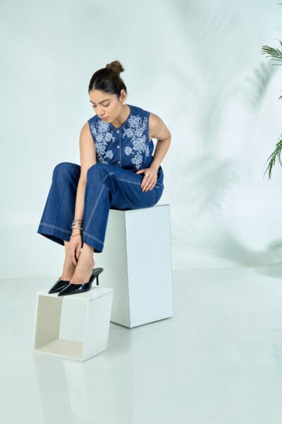 Floral Denim Waistcoat with Trouser